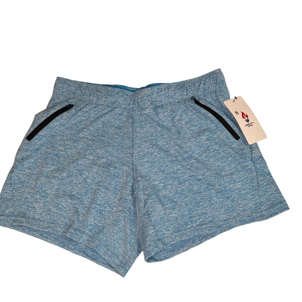 Liberty Pro NWT Blue Heather Running Shorts Women's Zip Pockets Drawstring Waist